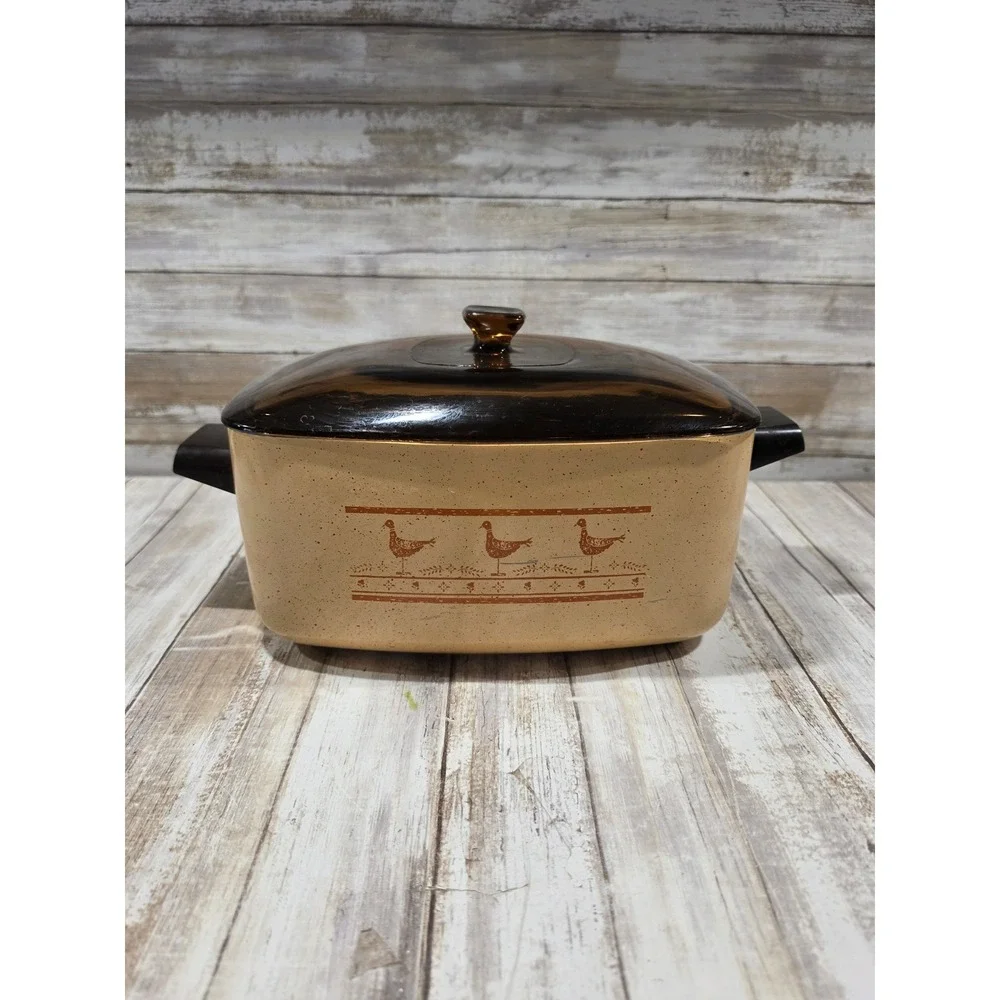 Vintage West Bend Speckled Tan Bird Motif Slow Cooker‎ Deep Pan w/ Lid NO BASE